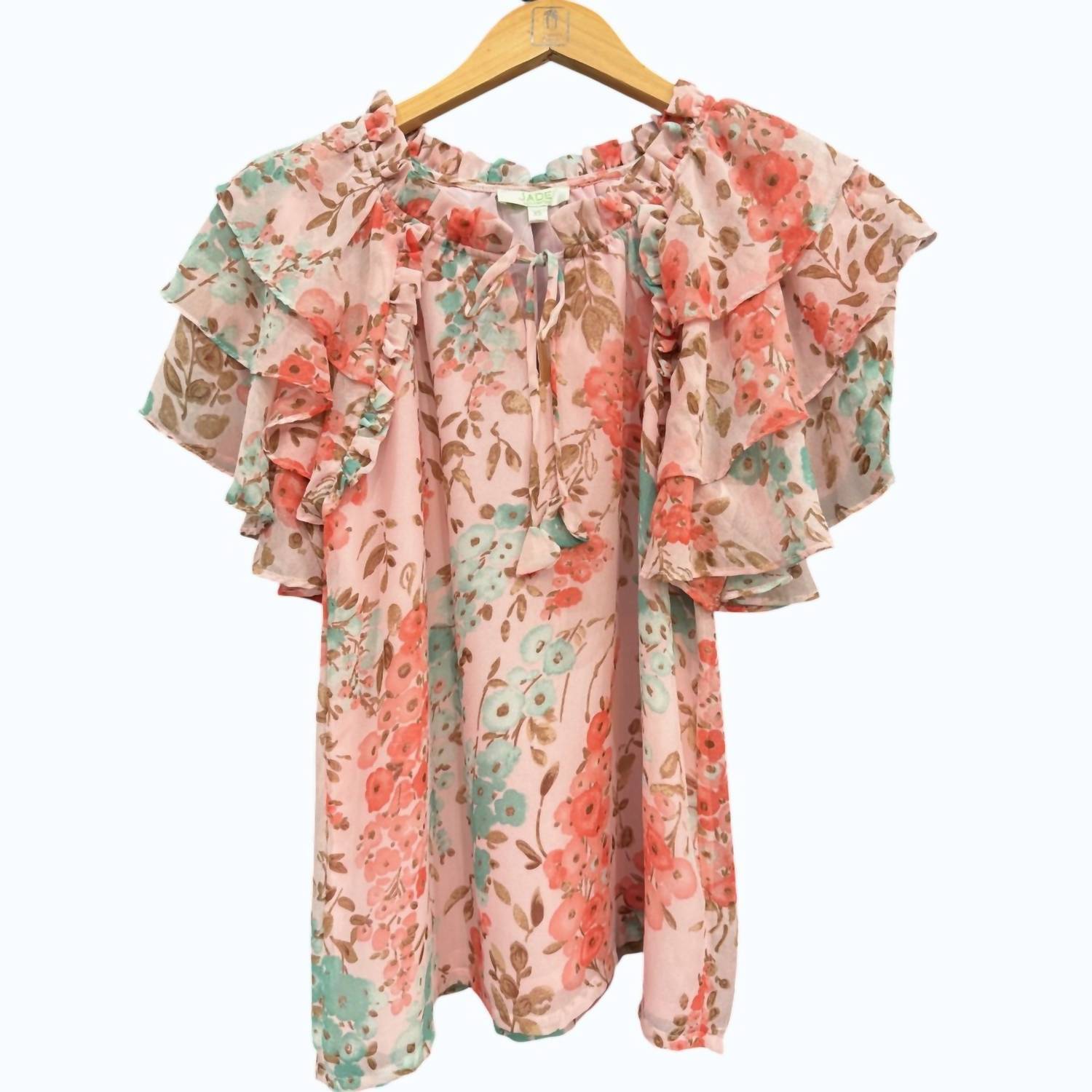 New Jade Tiered Sleeve Ruffles Blouse In Pink Garden